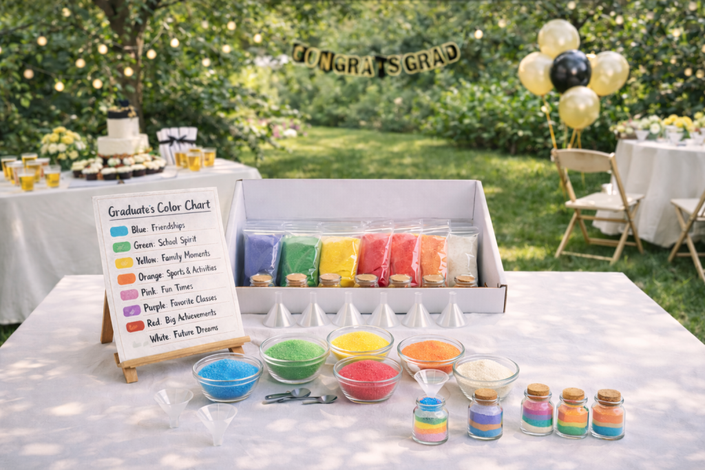 Outdoor graduation party setup featuring a clean white table with a minimal sand art memory jar station, including small identical glass jars with cork lids, pastel-colored sand in simple bowls, and a single color chart sign on a wooden stand. In the softly blurred background, a “Congrats Grad” banner, balloons, and a dessert table create a bright, elegant garden party atmosphere.