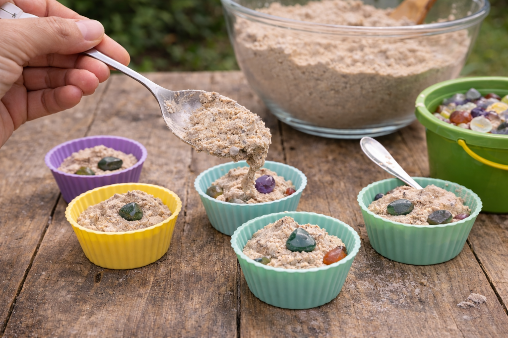 Making DIY gem mining blocks by scooping sand and plaster mixture into silicone molds with hidden gems