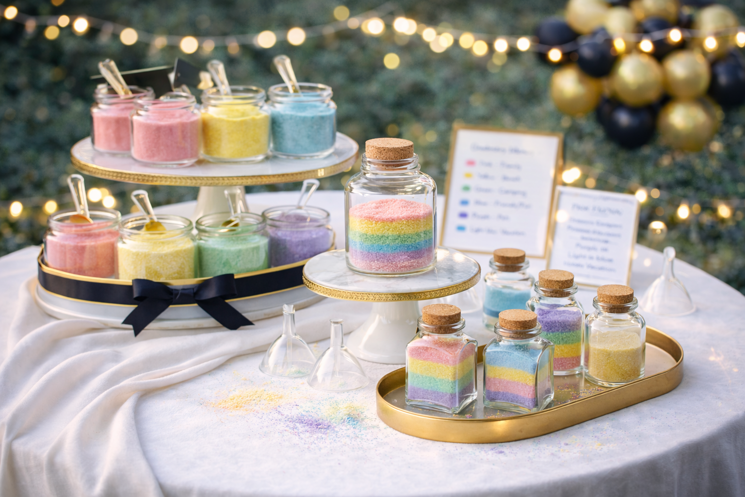Luxury graduation party sand art memory jar station with tiered trays, pastel colored sand in glass containers, and black and gold decor outdoors