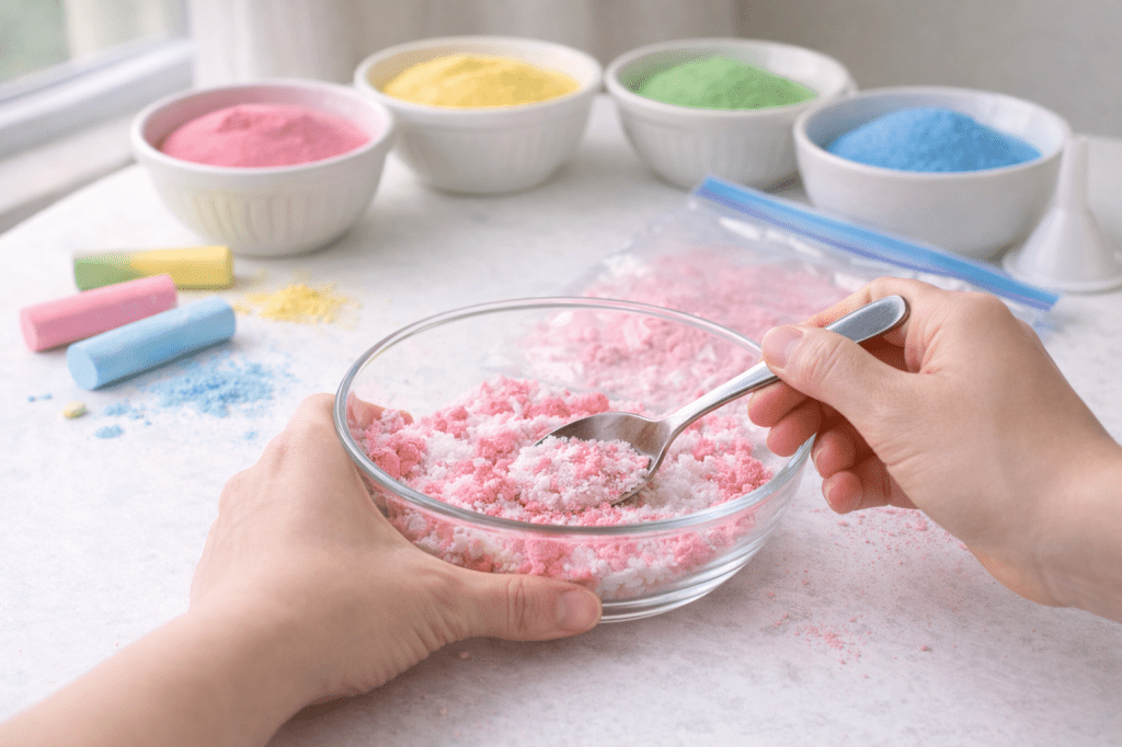 DIY sand art step mixing crushed chalk powder with salt to create colored sand for kids activity.