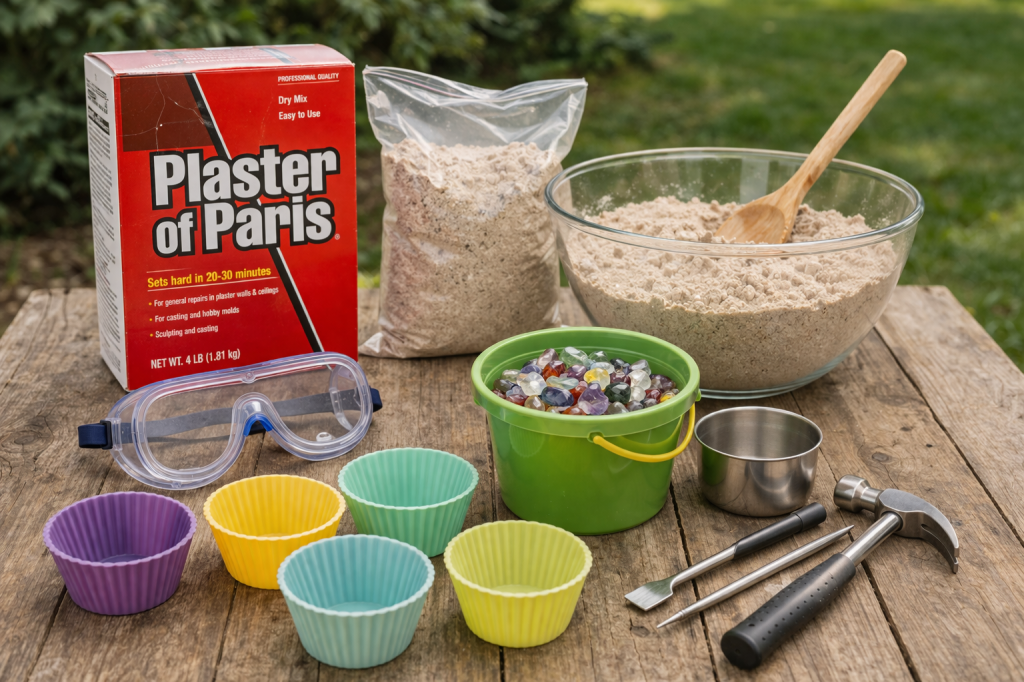 DIY gem mining supplies including plaster of Paris, sand, silicone molds, gemstones, and tools on a wooden table
