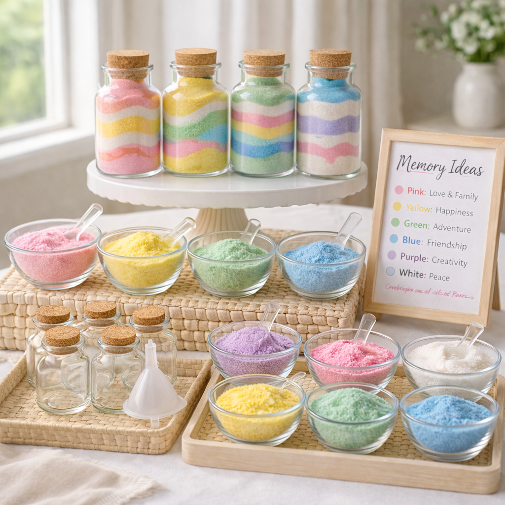 Bright, clean lifestyle photo of a pastel sand art station on a white table near a window. Four small glass jars with cork lids sit on a white cake stand, each filled with layered sand in soft, wavy stripes of pink, yellow, green, blue, and white. In front, clear glass bowls hold matching colored sand with small scoops, arranged neatly on woven trays. Additional empty mini jars, a white funnel, and extra scoops are placed nearby. Soft natural light, neutral tones, and a tidy, minimal setup with no front sign visible.