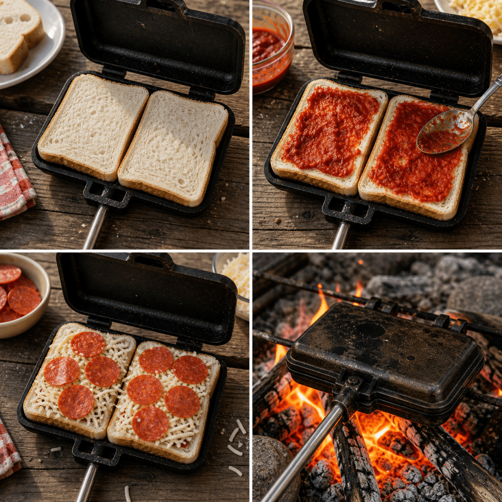 Four step process of making campfire pizzas with bread, sauce, cheese, and pepperoni using a pie iron over a campfire