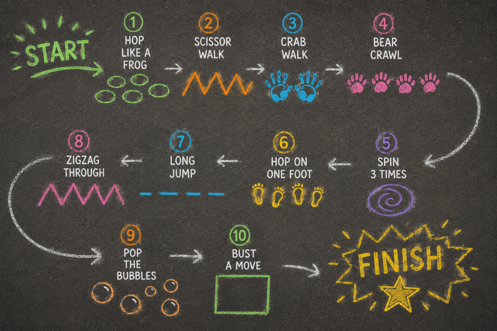 chart of sidewalk chalk obstacle course path.