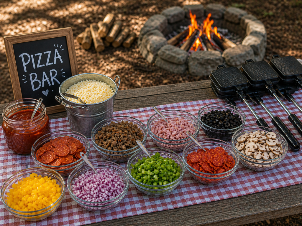 Campfire pizza bar setup with toppings in bowls and pie irons on a table near a fire