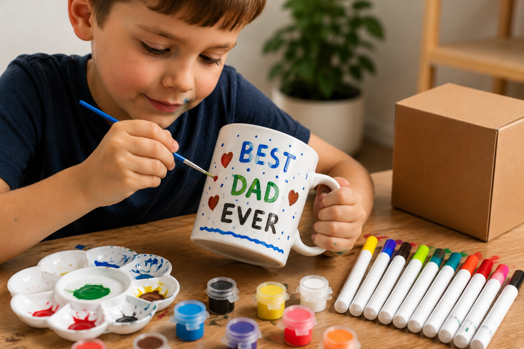 Child painting a personalized Father’s Day coffee mug at a craft table with colorful paints, brushes, and markers, creating a handmade gift for Dad.