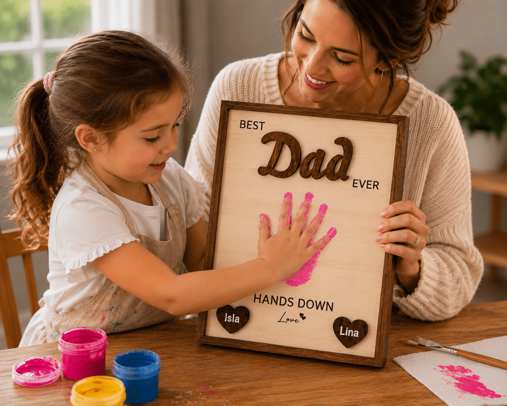 Mother and daughter creating a Father’s Day handprint keepsake sign together, with the child pressing her painted hand onto a wooden “Best Dad Ever” plaque at a craft table.