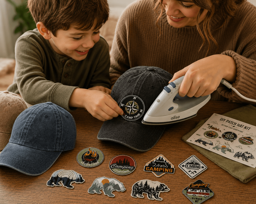 Mother and child creating a DIY Father’s Day baseball cap gift together, applying outdoor-themed patches to a custom hat at a craft table.