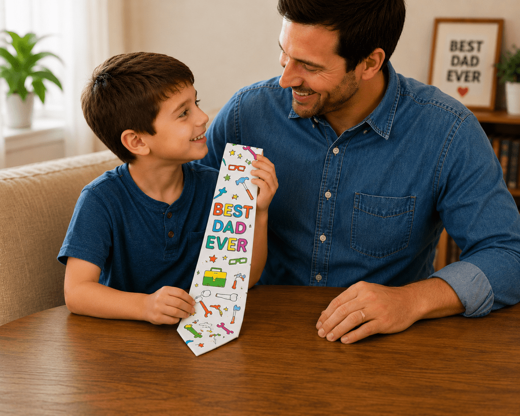 Father and son smiling together while showing off a personalized Father’s Day tie craft, featuring a colorful handmade tie decorated as a special gift for Dad.