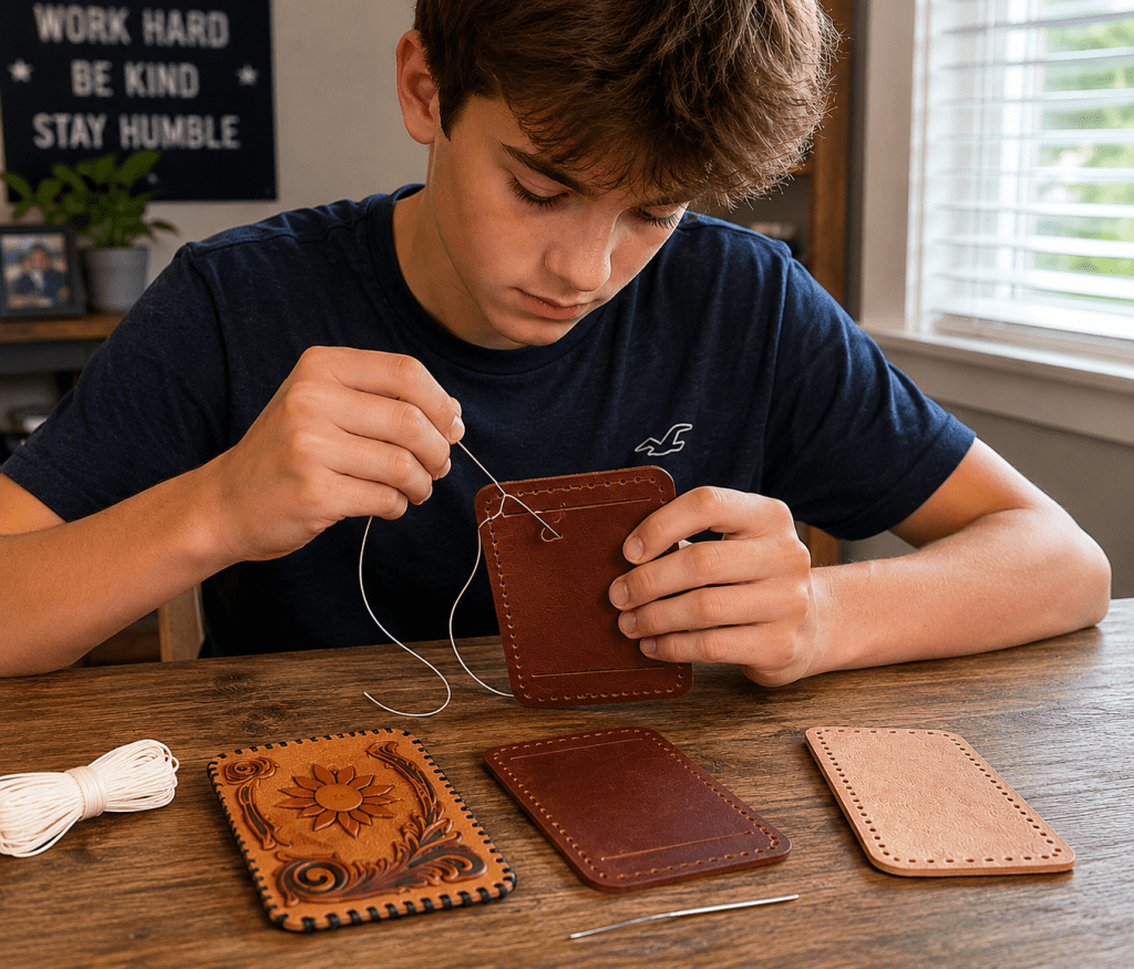 Teenage boy hand-stitching a DIY leather card wallet at a wooden table, creating a handmade Father’s Day gift in a cozy home workspace.