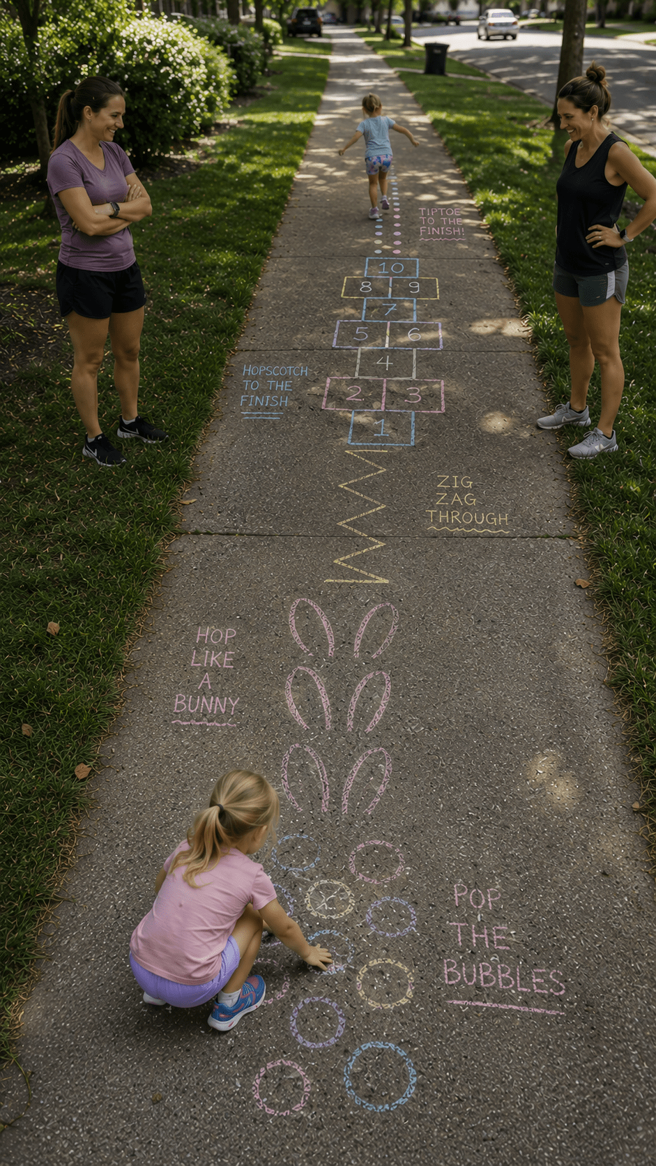 Children play on a colorful sidewalk chalk obstacle course in a suburban neighborhood while two women watch nearby. The hand-drawn course includes pop-the-bubbles circles, bunny hops, zigzag lines, hopscotch, and tiptoe dots leading up the sidewalk.