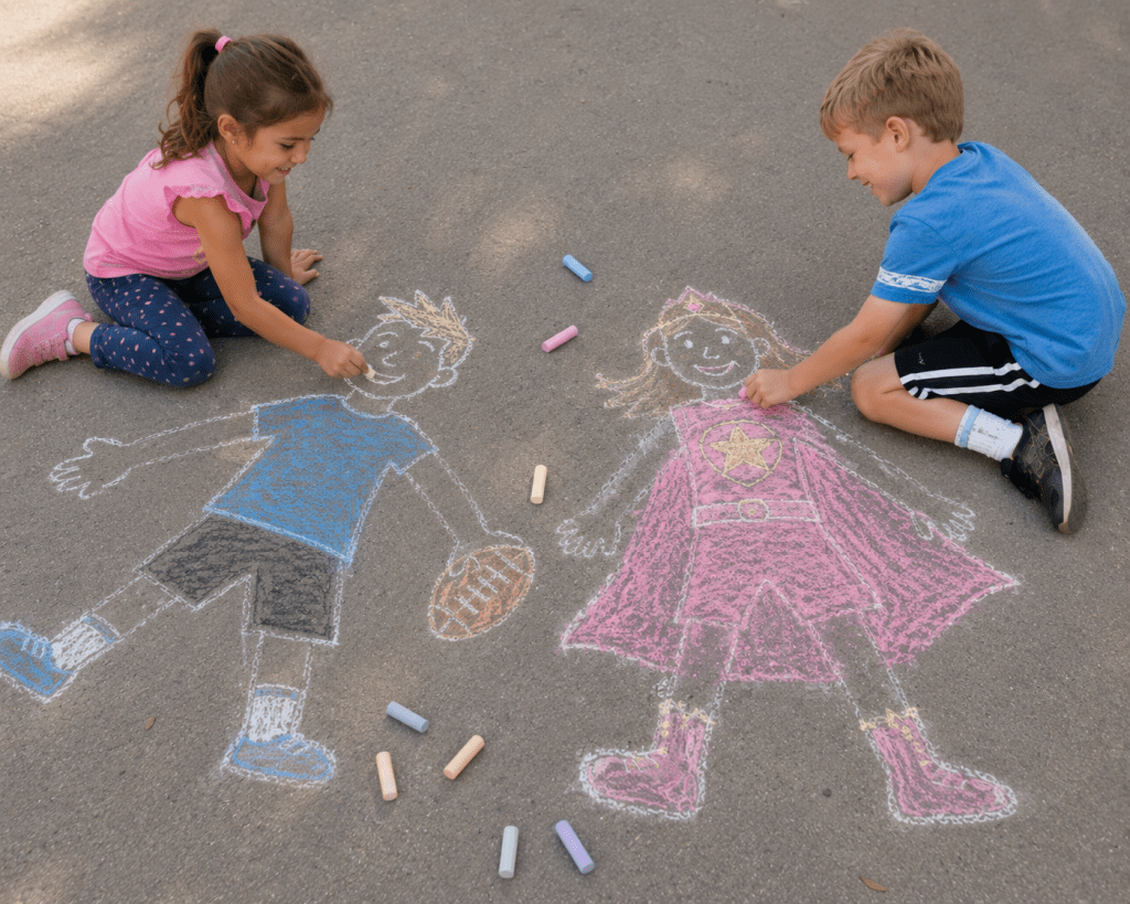 Alt text: Two children sit on a driveway drawing colorful chalk portraits of each other on the pavement, adding fun details like outfits and hairstyles to their traced outlines during a sidewalk chalk activity.