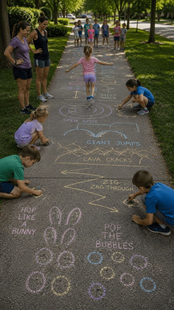 Kids creating a sidewalk chalk obstacle course with jumps, balance lines, and hopping paths.