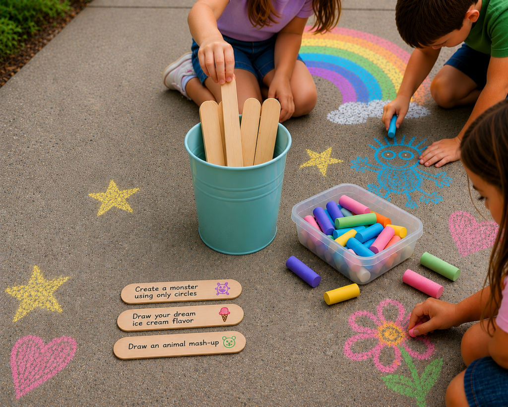 Kids choosing popsicle stick drawing prompts during a sidewalk chalk party activity.