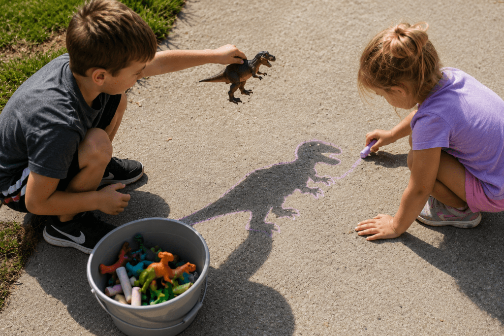 Kids tracing object shadows with sidewalk chalk during a race and trace party game.