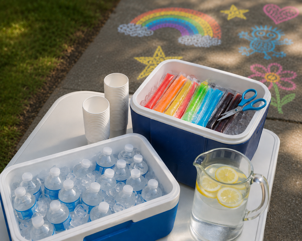 Outdoor sidewalk chalk party snack station with water bottles, otter pops, and colorful chalk art on the pavement.