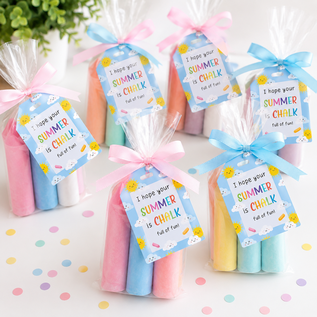 Pastel sidewalk chalk gift bags with pink and blue ribbon bows and printable “Hope Your Summer is Chalk Full of Fun!” tags arranged on a white table with colorful confetti for an end-of-school class gift idea.