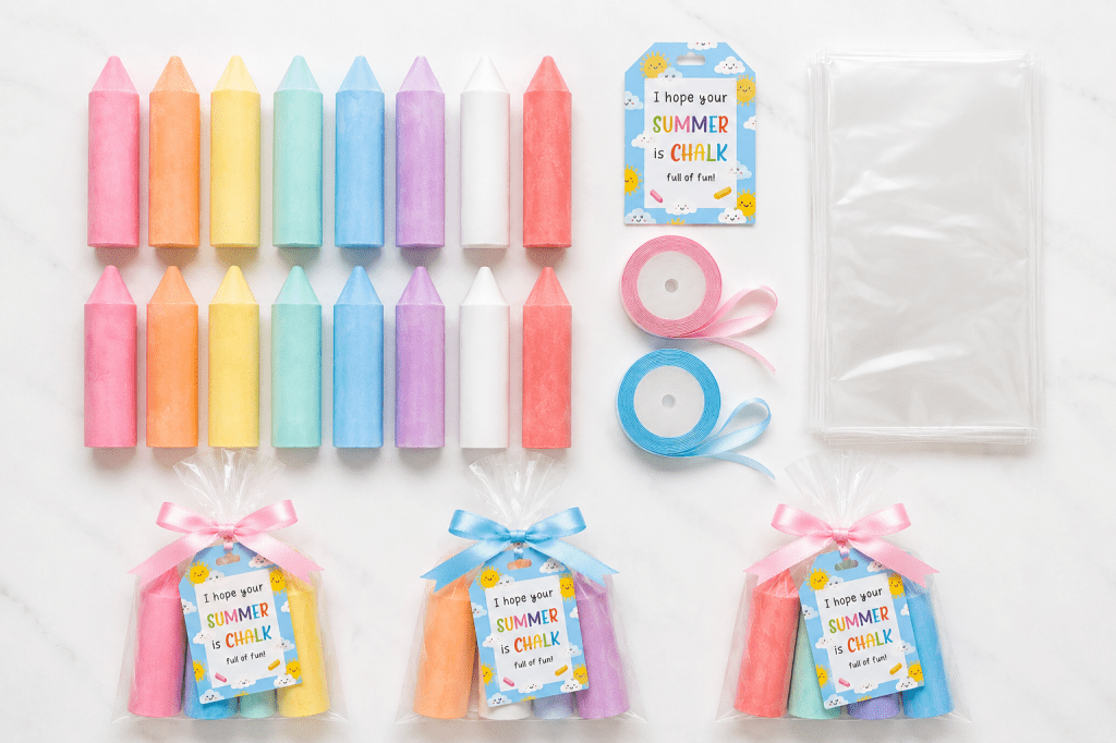 Flat lay of jumbo pastel sidewalk chalk, ribbon, clear treat bags, printable “Hope Your Summer is Chalk Full of Fun!” tags, and finished chalk gift bags arranged on a white background for an easy end-of-school class gift idea.
