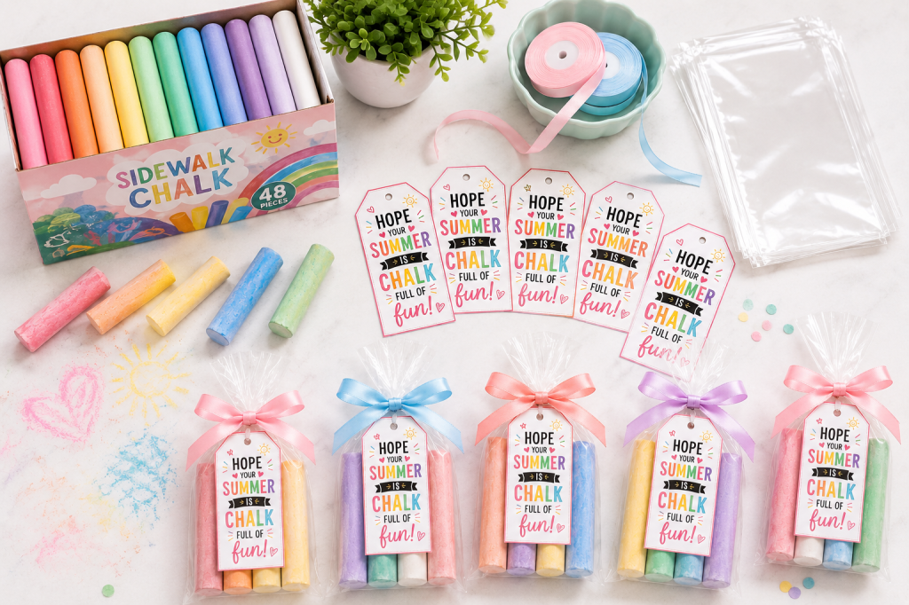 Flat lay of DIY sidewalk chalk gift supplies including regular-size pastel chalk, printable “Hope Your Summer is Chalk Full of Fun!” tags, ribbon, clear favor bags, and finished chalk gift bags with four chalk pieces each for an end-of-school class gift idea.