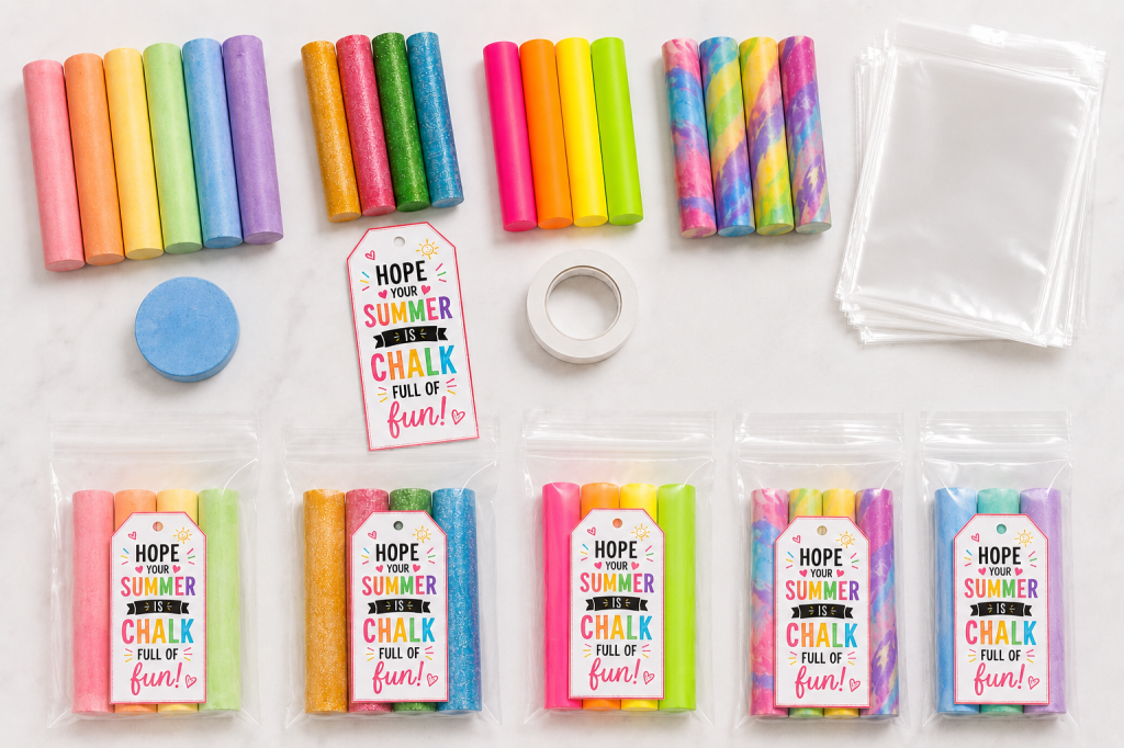 Flat lay of colorful sidewalk chalk gift bags with four pieces of chalk in each self-sealing clear bag and printable “Hope Your Summer Is Chalk Full of Fun!” tags on a white background.