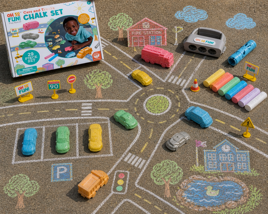 Top-down view of a colorful sidewalk chalk road city featuring toy-style chalk cars, traffic signs, parking spaces, and chalk-drawn buildings arranged on pavement beside the Oh So Fun Cars and Trucks Chalk Set.