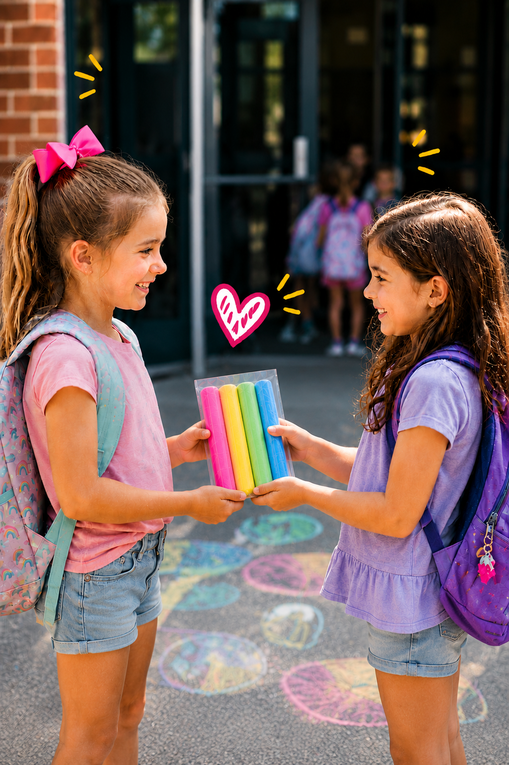 Two elementary school girls exchanging a DIY sidewalk chalk gift bag with printable “Hope Your Summer is Chalk Full of Fun” tag outside school on the last day of school.
