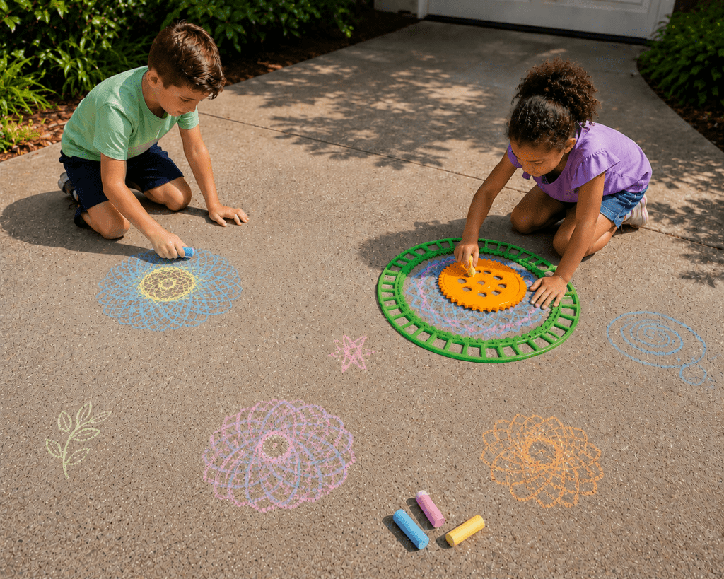 Two kids use colorful sidewalk chalk and a large green spirograph tool to create detailed circular chalk art designs on a sunny driveway, with smaller pastel flower patterns drawn around them.