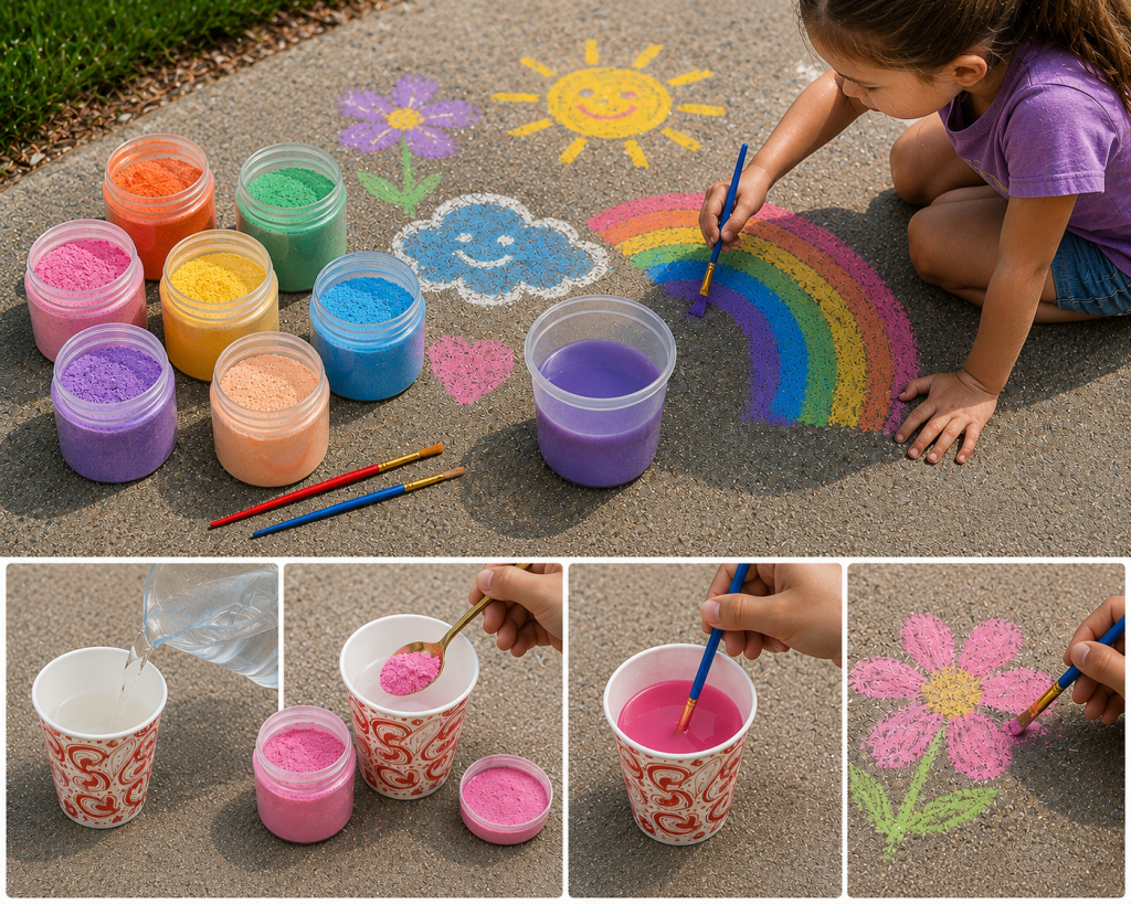Girl painting colorful sidewalk chalk art with homemade liquid chalk paint, including a rainbow, flower, sun, and cloud drawings, alongside step-by-step images showing powdered chalk mixed with water in cups.