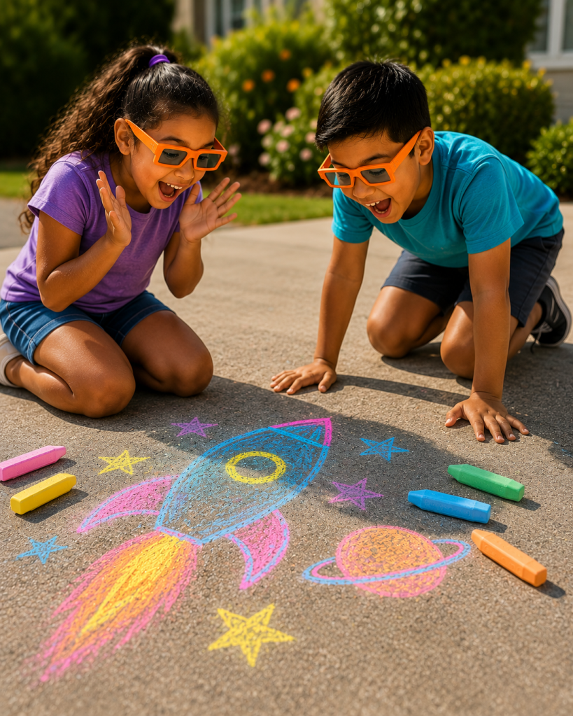 Two excited kids wearing orange 3D glasses kneel on a sunny driveway admiring colorful neon sidewalk chalk art shaped like a rocket ship, with a few bright chalk sticks scattered nearby.