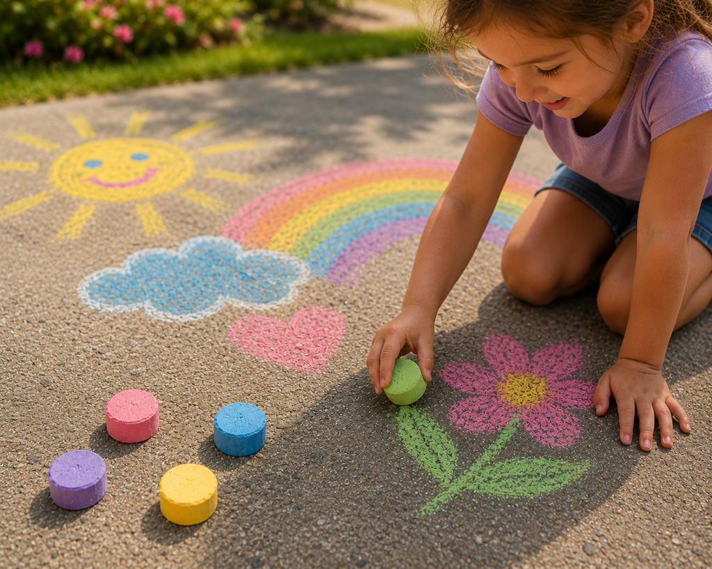 Young girl drawing simple rainbow, flower, heart, and sun pictures on a driveway using colorful Crayola sidewalk chalk pucks during outdoor summer play.