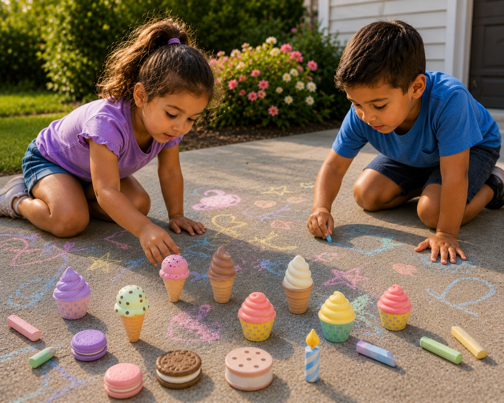 Two young children kneel on a sunny driveway, excitedly drawing colorful chalk doodles while playing with pastel dessert-shaped sidewalk chalk pieces, including cupcakes, ice cream cones, macarons, and a candle, scattered naturally around them.