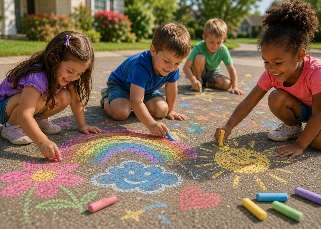 Four kids happily drawing colorful sidewalk chalk art together on a sunny driveway, creating a rainbow, flowers, hearts, stars, and a smiling sun during outdoor summer play.