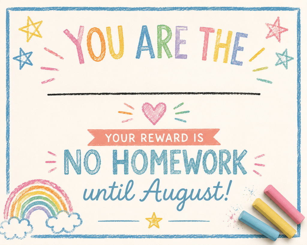 Printable no homework pass award for end-of-school kids party.