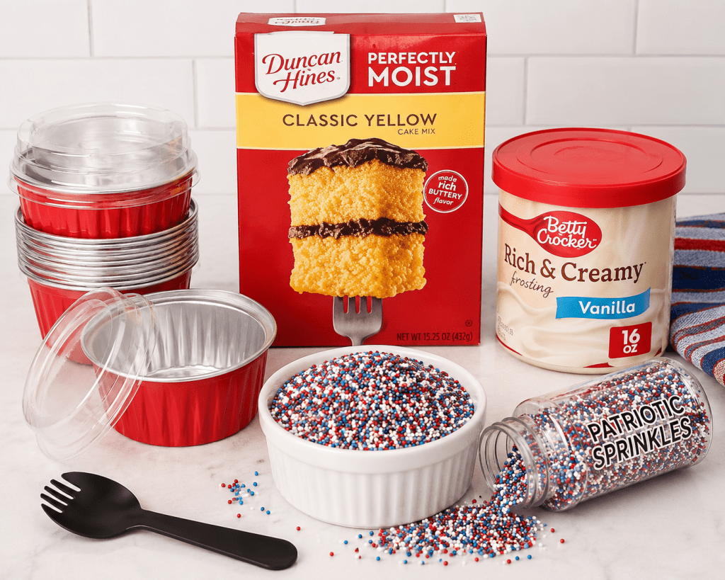 Ingredients and supplies for patriotic sprinkle dot cakes arranged on a countertop: a box of Duncan Hines Classic Yellow cake mix, a tub of Betty Crocker Rich & Creamy Vanilla frosting, red mini baking tins with clear lids, a bowl filled with red, white, and blue nonpareil sprinkles, a spilled bottle labeled “Patriotic Sprinkles,” and a black plastic spoon. A white subway-tile backsplash and red-white-blue striped towel appear in the background.