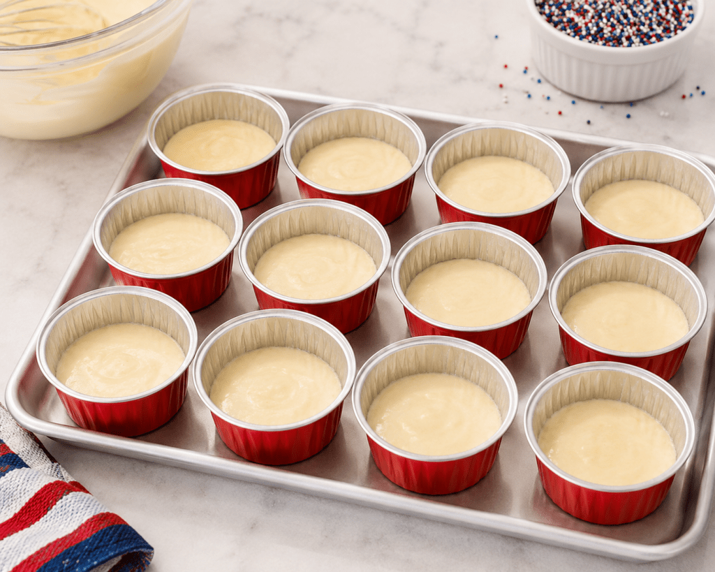 Twelve red foil baking cups filled with pale yellow cake batter are arranged on a metal baking sheet, ready for the oven. A glass bowl of remaining batter sits in the upper left corner, while a bowl of red, white, and blue nonpareil sprinkles is partially visible in the upper right. A red, white, and blue striped kitchen towel rests beside the pan on a light marble countertop.