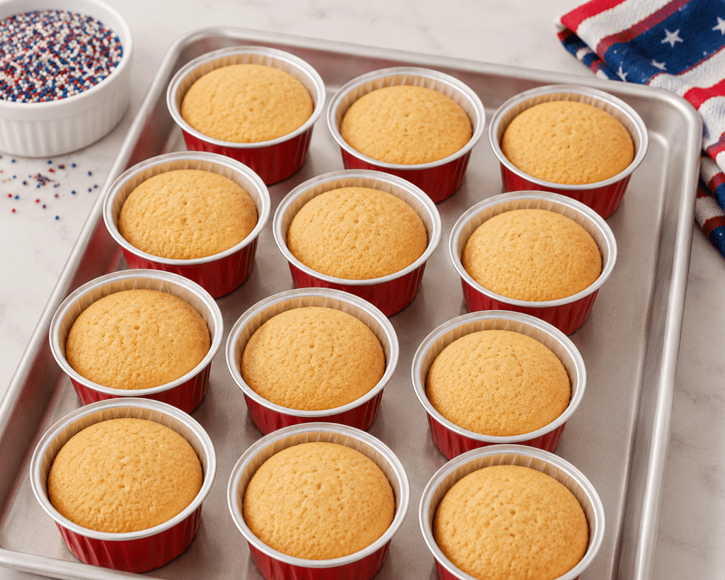 Twelve freshly baked yellow mini cakes with rounded tops sit in red foil baking cups on a metal baking sheet. A bowl of red, white, and blue nonpareil sprinkles is visible in the upper left corner, and a patriotic red, white, and blue kitchen towel rests beside the pan. The cakes are golden brown and appear cooled and ready for decorating.