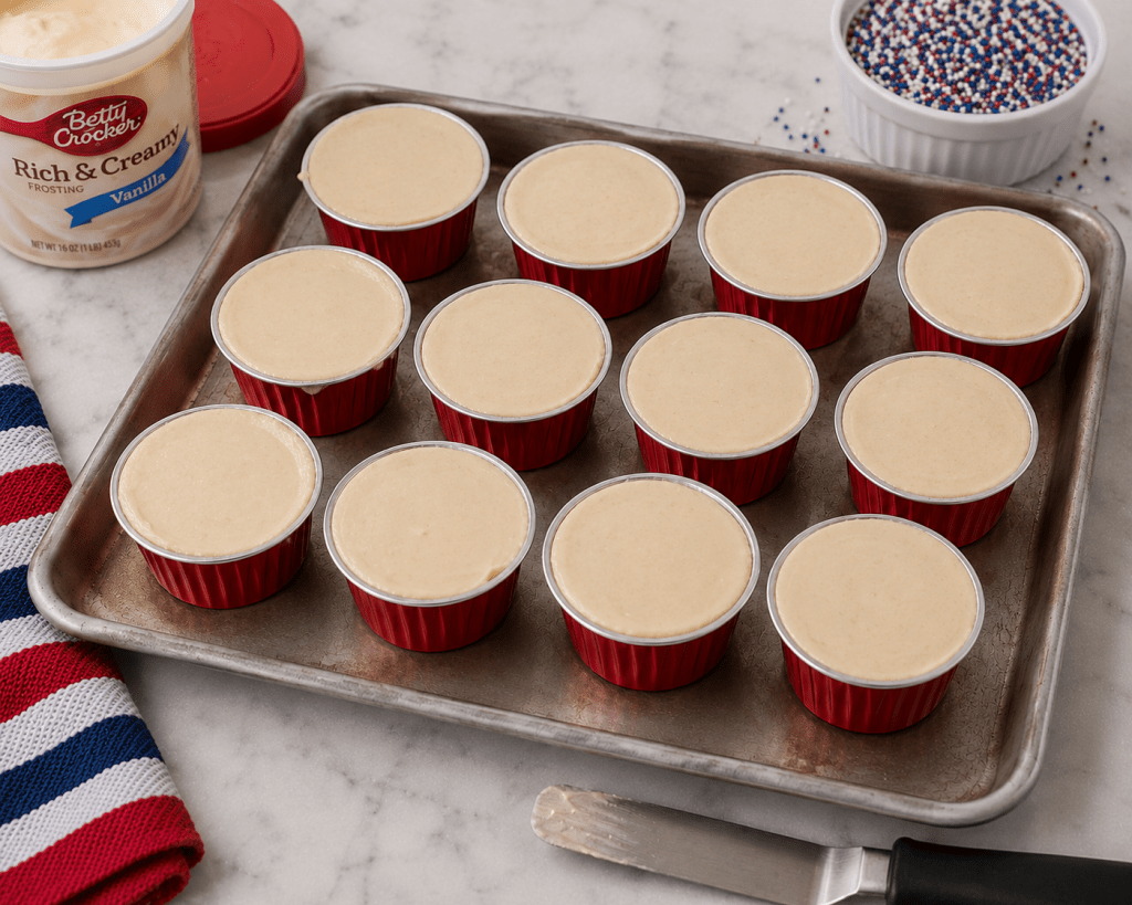 Twelve mini cakes in red foil baking cups sit on a metal baking sheet, each topped with a smooth layer of vanilla frosting spread to the edges. A tub of vanilla frosting and a bowl of red, white, and blue nonpareil sprinkles are visible in the background, while an offset spatula with frosting on the blade rests in the foreground. The scene is set on a light marble countertop with a patriotic striped kitchen towel nearby.