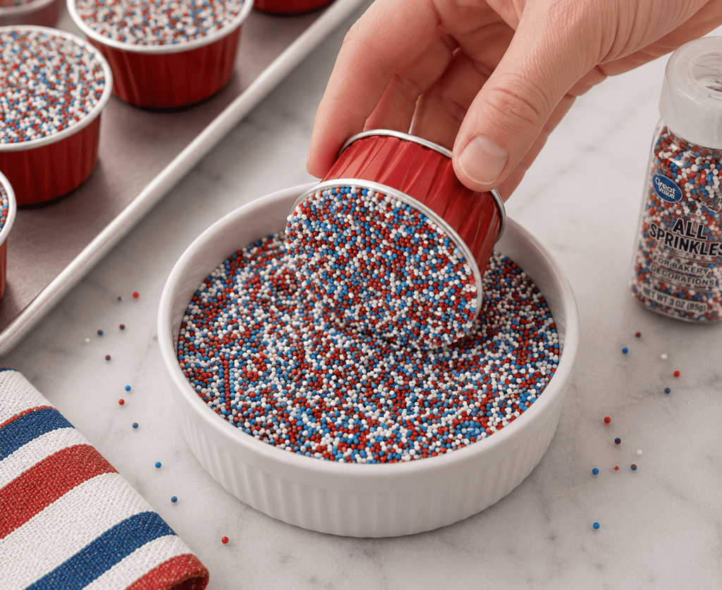Hand dipping a mini 4th of July dot cake cup into red, white, and blue nonpareil sprinkles to create a flat sprinkle-covered topping.