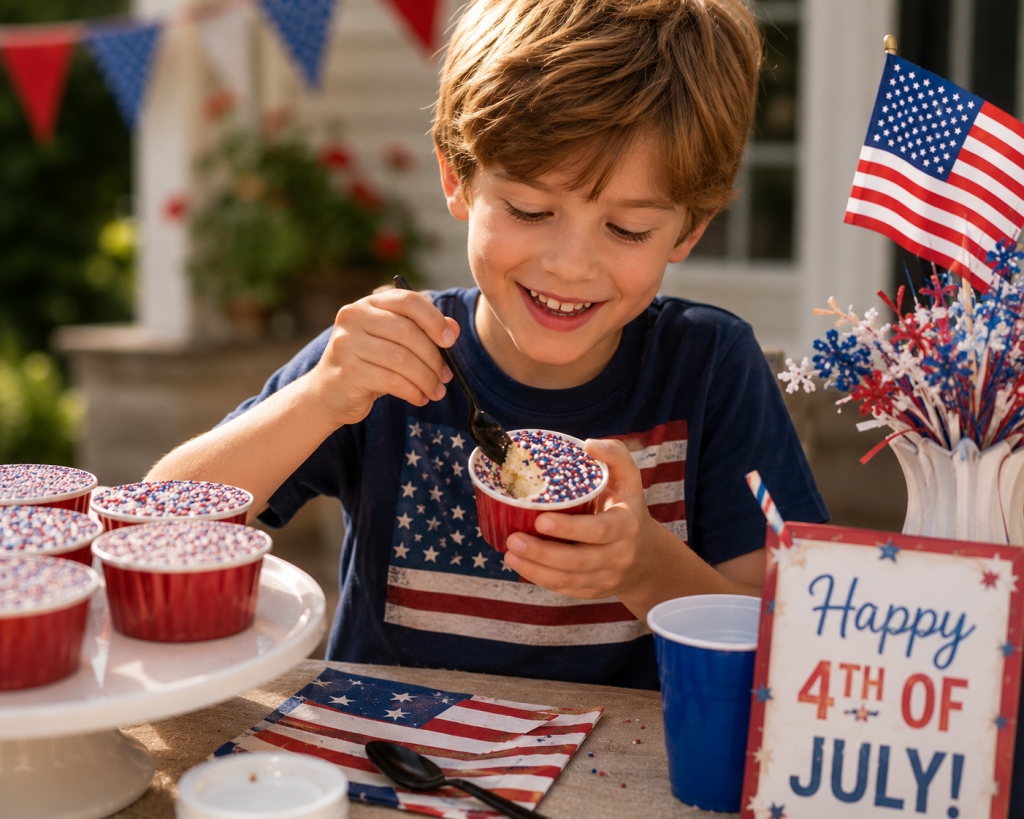 A smiling child sits at a patriotic Fourth of July table outdoors, holding a red baking cup filled with a mini snack cake covered in red, white, and blue nonpareil sprinkles. The child scoops a bite with a black spoon while looking down at the dessert. Several matching sprinkle-topped snack cakes are displayed on a white cake stand nearby. American-themed decorations, including a small U.S. flag, red-white-and-blue floral centerpiece, patriotic napkins, and a "Happy 4th of July!" sign, decorate the festive scene. Sunlight creates a warm, celebratory atmosphere in front of a house adorned with red, white, and blue bunting.