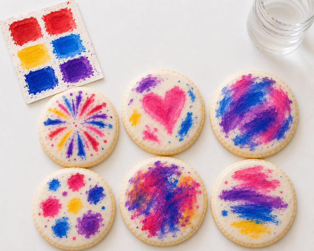 Collection of paint-your-own 4th of July sugar cookies decorated by children using edible watercolor paint, including firework designs, a heart, colorful dots, and messy toddler-painted cookies beside a used edible paint palette.