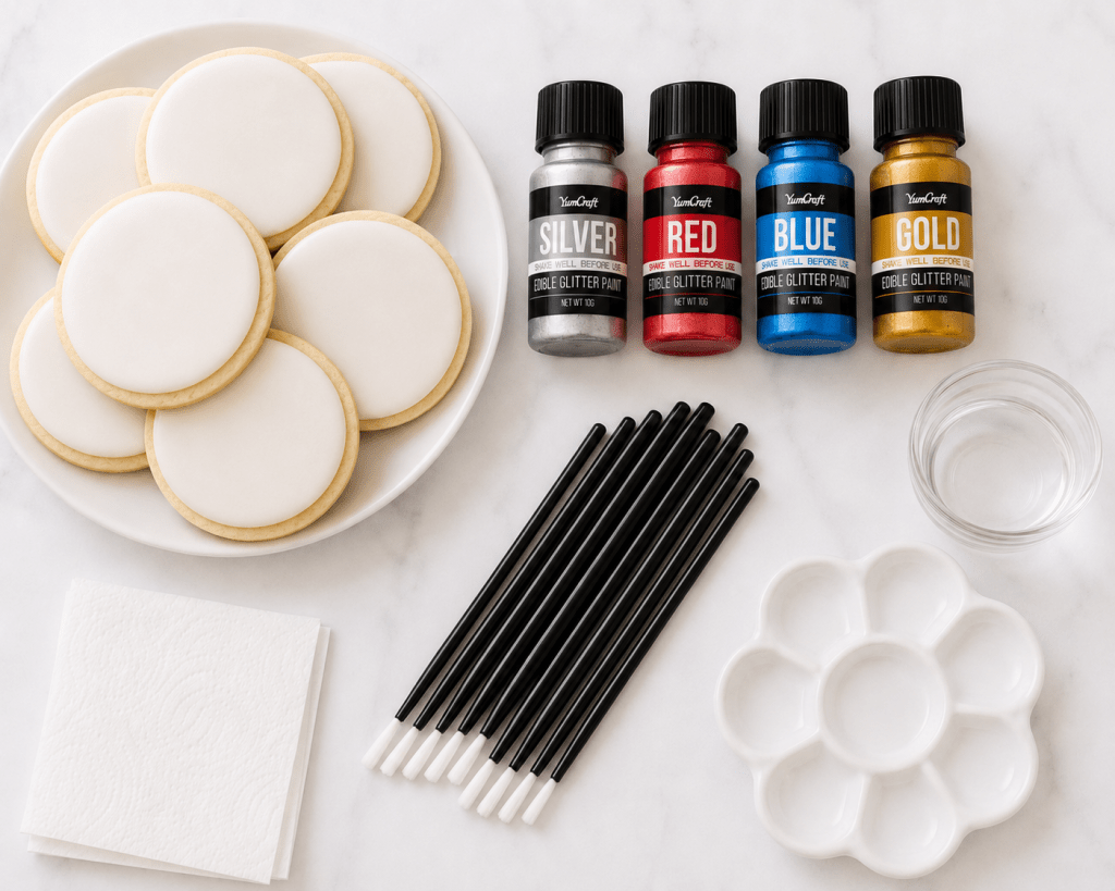 Supplies for paint-your-own 4th of July sugar cookies including round white-iced sugar cookies, edible glitter paint bottles, food-safe paintbrushes, a water cup, paper towels, and a paint palette arranged on a white tabletop.