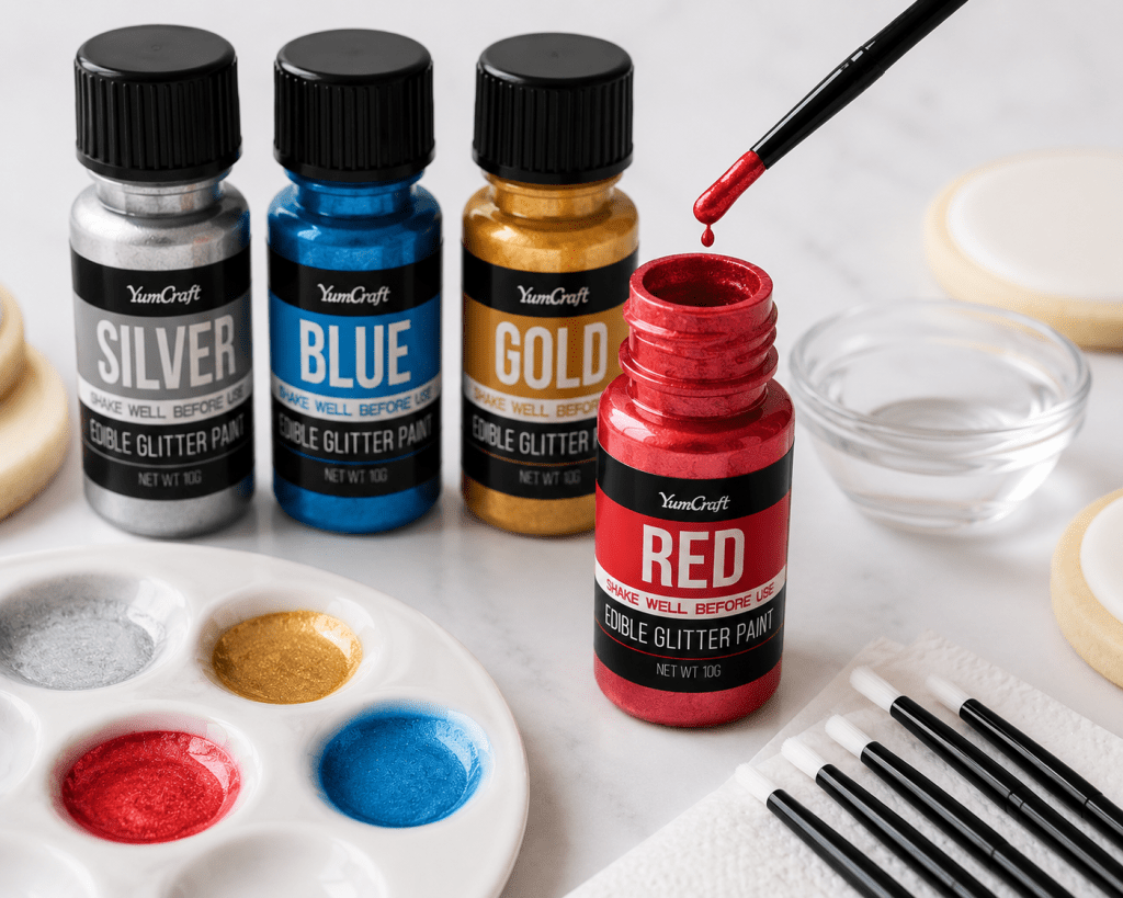 Close-up of edible glitter paint supplies for decorating cookies, featuring red, blue, silver, and gold edible paint bottles, food-safe paint brushes, a paint palette with metallic paint, frosted sugar cookies, and a small bowl of water on a white marble surface. Perfect for a fun 4th of July cookie painting activity for kids.