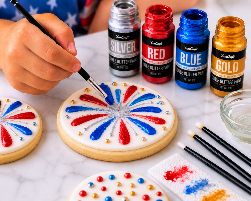 Kids decorating firework sugar cookies with edible glitter paint for a fun 4th of July activity, using food-safe paints, brushes, and royal icing cookies.