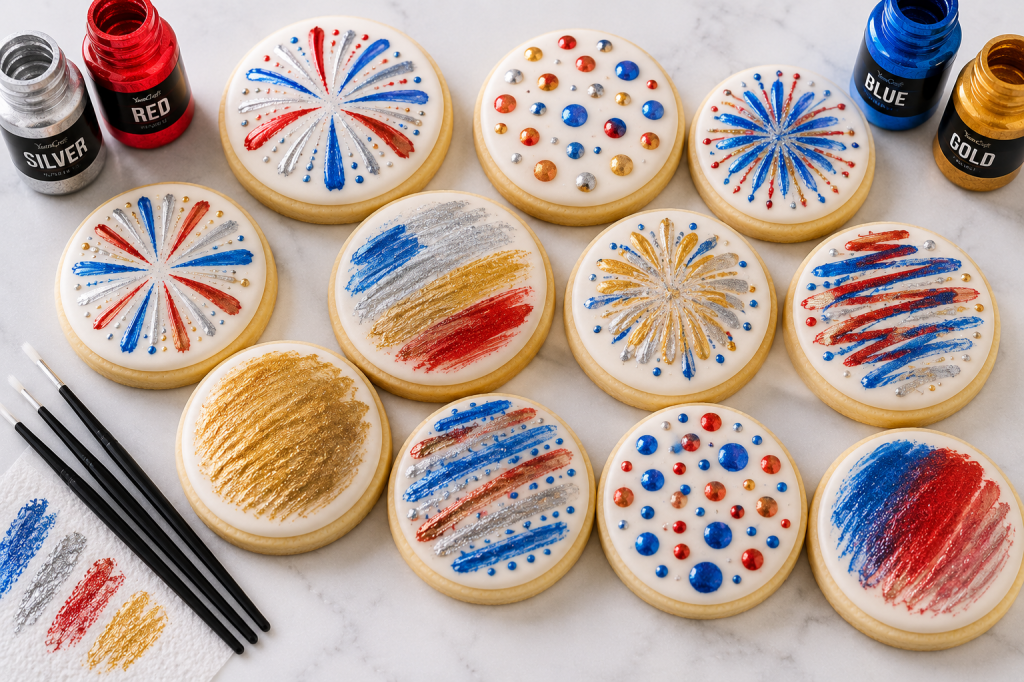 Collection of hand-painted 4th of July cookies decorated with edible glitter paint in red, blue, silver, and gold. The frosted sugar cookies feature kid-friendly designs including fireworks, colorful dots, brush strokes, and abstract painted patterns, surrounded by edible paint bottles and food-safe paint brushes on a white marble surface.