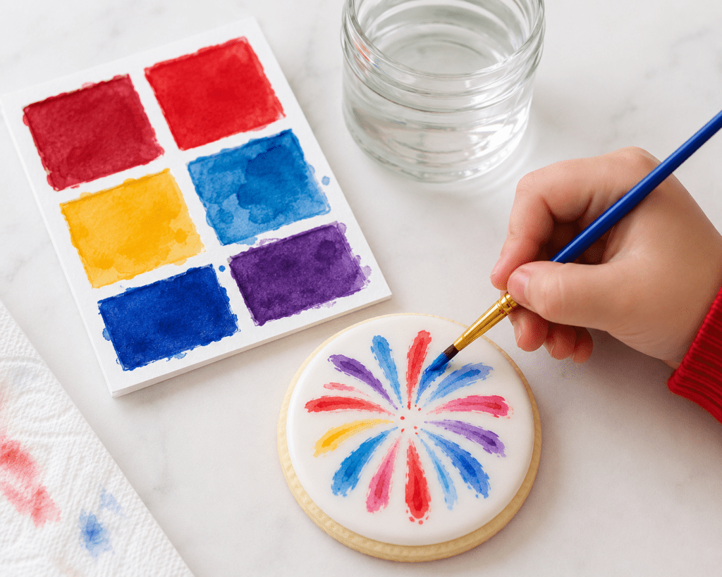 A child paints a white-iced sugar cookie with an edible paint palette and small paintbrush. The cookie features a colorful watercolor-style firework design in red, blue, purple, pink, and yellow. A palette of edible paint colors and a small jar of water sit nearby on a light countertop, showing a simple paint-your-own cookie activity for kids.