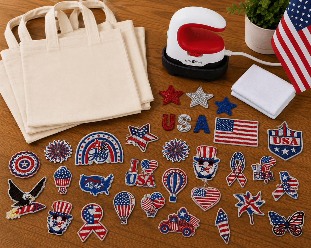 Canvas tote bags, patriotic iron-on patches, and a mini heat press arranged on a wooden table for an easy 4th of July parade bag craft.