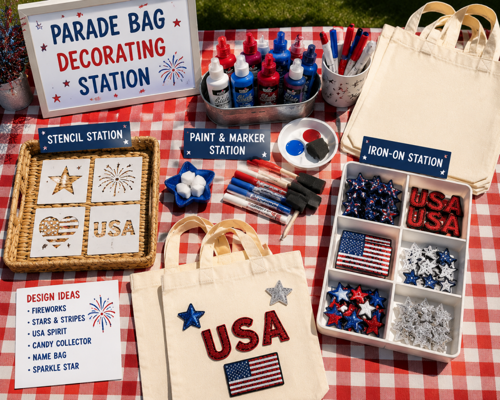 Overhead view of a 4th of July parade bag decorating station on a red and white checkered tablecloth, featuring organized sections for stencil designs, fabric paint and markers, and iron-on patriotic patches. Canvas tote bags are displayed with sample USA designs in red, white, and blue, along with star and flag embellishments and DIY craft supplies for kids.