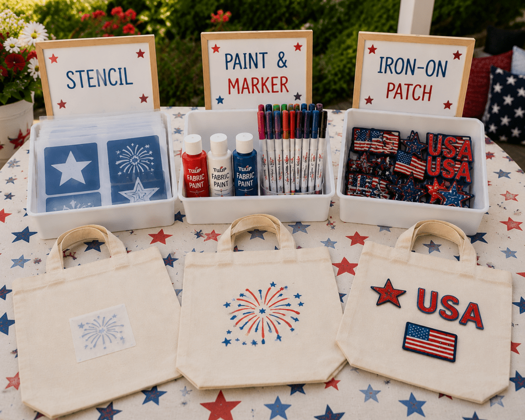 4th of July kids craft station setup with organized stencil bar, fabric paint and marker bar, and iron-on patch station featuring canvas tote bags, patriotic red, white and blue supplies, and DIY parade bag decorating activity for kids.