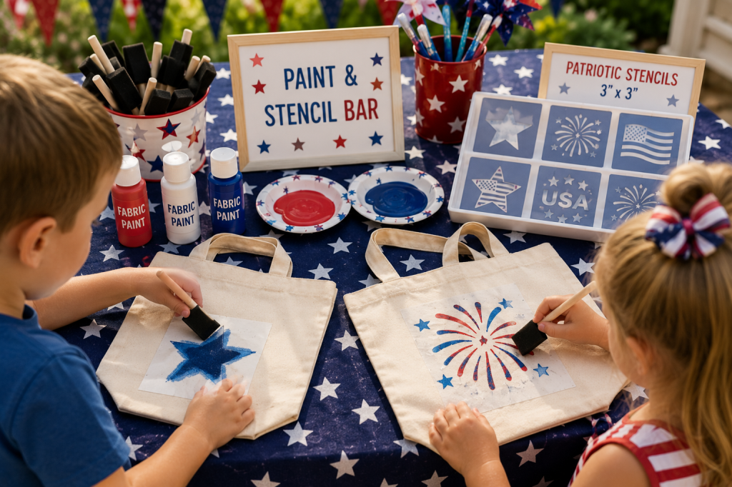 Kids using paint to decorate a canvas tote bag with 4th of july images
