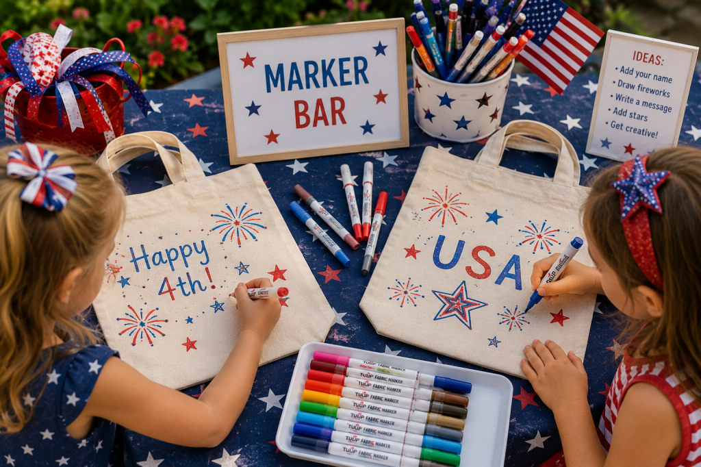 two kids using markers to decorate a canvas bag for 4th of july
